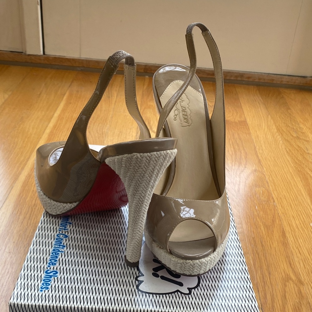Oh Deer! Patent Peep-Toe Slingback Wedges in Taupe